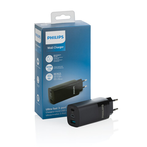 Philips 65W Ultra-Schnell-PD 3-Port-USB-Wandladegerät schwarz bedrucken, Art.-Nr. P301.281