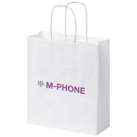 Kraftpapiertasche 80 g/m² mit gedrehten Griffen – 18 × 8 × 21 cm, weiss bedrucken, Art.-Nr. 1PQ00101