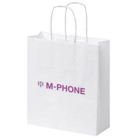 Kraftpapiertasche 80 g/m² mit gedrehten Griffen – 18 × 8 × 21 cm, weiss bedrucken, Art.-Nr. 1PQ00101