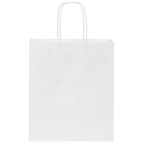 Kraftpapiertasche 80 g/m² mit gedrehten Griffen – 18 × 8 × 21 cm, weiss bedrucken, Art.-Nr. 1PQ00101