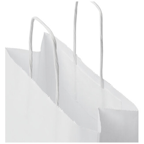 Kraftpapiertasche 80 g/m² mit gedrehten Griffen – 18 × 8 × 21 cm, weiss bedrucken, Art.-Nr. 1PQ00101