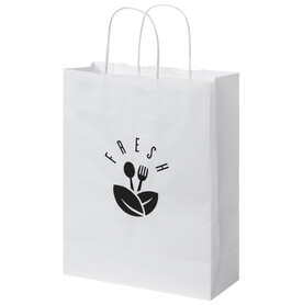 Kraftpapiertasche 80 g/m² mit gedrehten Griffen – 25 × 11 × 32 cm, weiss bedrucken, Art.-Nr. 1PQ00201
