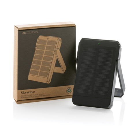 Skywave 5000mah Solar Powerbank, 10W Wireless aus rPlastik schwarz bedrucken, Art.-Nr. P322.361