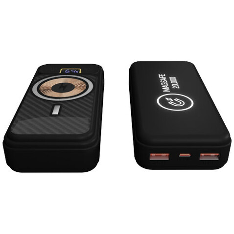 SCX.design P50 magnetische Powerbank 20.000 mAh mit Leuchtlogo, schwarz bedrucken, Art.-Nr. 1PX12990