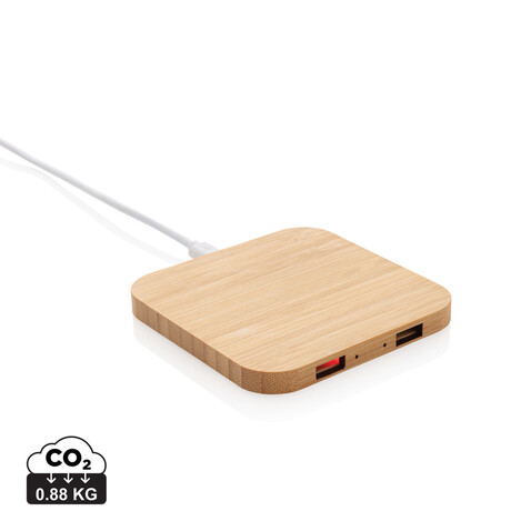 5W-Wireless-Charger aus Bambus mit USB braun bedrucken, Art.-Nr. P308.149