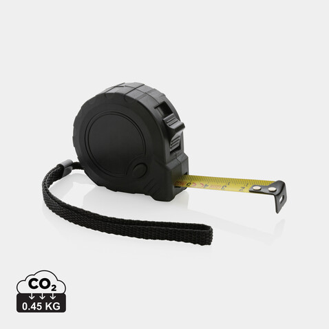 3m/16mm Maßband mit Stop-Taste aus RCS recycelt. Kunststoff schwarz bedrucken, Art.-Nr. P112.121