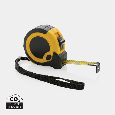 3m/16mm Maßband mit Stop-Taste aus RCS recycelt. Kunststoff gelb, schwarz bedrucken, Art.-Nr. P112.126