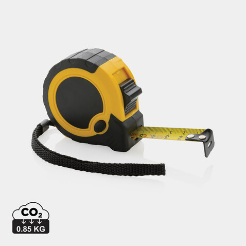 5m/19mm Maßband mit Stop-Taste aus RCS recycelt. Kunststoff gelb, schwarz bedrucken, Art.-Nr. P112.136