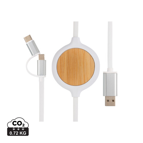 3-in-1 Kabel mit 5W Bambus Wireless Charger weiß bedrucken, Art.-Nr. P302.253