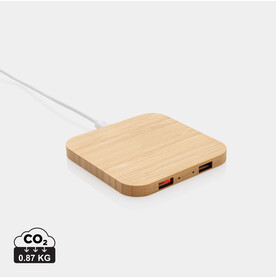 10W Wireless-Charger mit USB aus Bambus braun bedrucken, Art.-Nr. P308.379