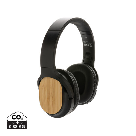 Elite faltbarer kabelloser Kopfhörer aus RCS und Bambus schwarz bedrucken, Art.-Nr. P329.681