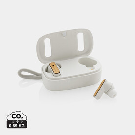 TWS-Ohrhörer aus recyceltem RCS-Kunststoff und Bambus weiß bedrucken, Art.-Nr. P329.863