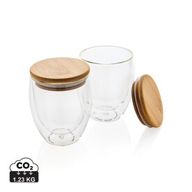 2-tlg Set Borosilikatgläser mit Bambusdeckel 250ml transparent bedrucken, Art.-Nr. P432.140