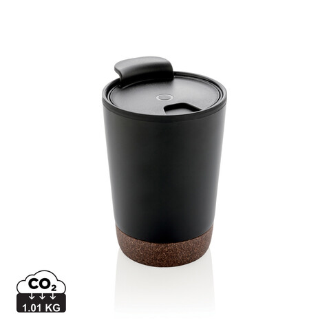 GRS rPP Edelstahl-Kaffeebecher mit Kork schwarz bedrucken, Art.-Nr. P435.071