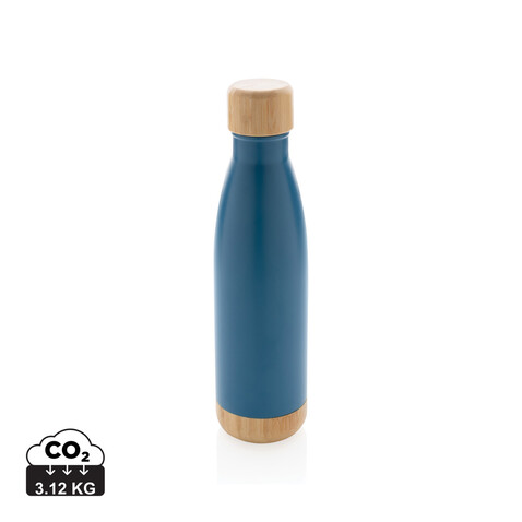 Vakuum Edelstahlfasche mit Deckel und Boden aus Bambus blau bedrucken, Art.-Nr. P436.795