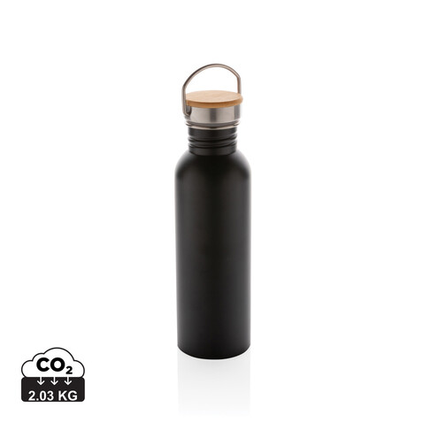 Moderne Stainless-Steel Flasche mit Bambusdeckel schwarz bedrucken, Art.-Nr. P436.831