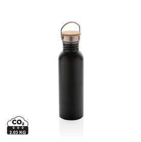 Moderne Stainless-Steel Flasche mit Bambusdeckel schwarz bedrucken, Art.-Nr. P436.831