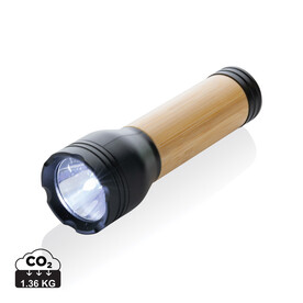 Lucid 3W Taschenlampe aus RCS recycelt. Kunststoff &amp;amp; Bambus schwarz, braun bedrucken, Art.-Nr. P513.781