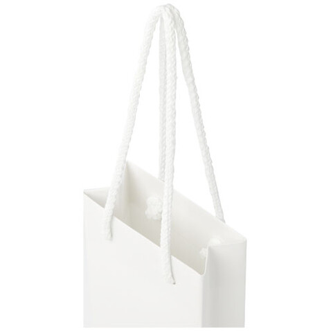Handgefertigte 170 g/m² Integra-Papiertüte mit Kunststoff Kordelgriffen – 9,5 × 4 × 17 cm, weiss bedrucken, Art.-Nr. 1ZB00801