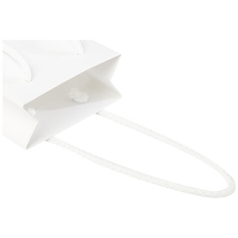 Handgefertigte 170 g/m² Integra-Papiertüte mit Kunststoff Kordelgriffen – 9,5 × 4 × 17 cm, weiss bedrucken, Art.-Nr. 1ZB00801