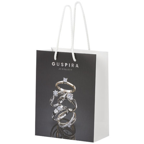 Handgefertigte 170 g/m² Integra-Papiertüte mit Kunststoff Kordelgriffen – 18 × 9 × 23 cm, weiss bedrucken, Art.-Nr. 1ZB00901