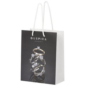 Handgefertigte 170 g/m² Integra-Papiertüte mit Kunststoff Kordelgriffen – 18 × 9 × 23 cm, weiss bedrucken, Art.-Nr. 1ZB00901