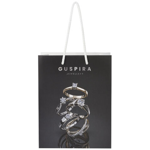Handgefertigte 170 g/m² Integra-Papiertüte mit Kunststoff Kordelgriffen – 18 × 9 × 23 cm, weiss bedrucken, Art.-Nr. 1ZB00901