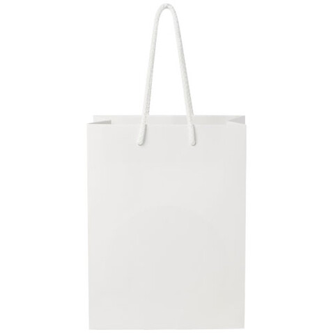 Handgefertigte 170 g/m² Integra-Papiertüte mit Kunststoff Kordelgriffen – 18 × 9 × 23 cm, weiss bedrucken, Art.-Nr. 1ZB00901