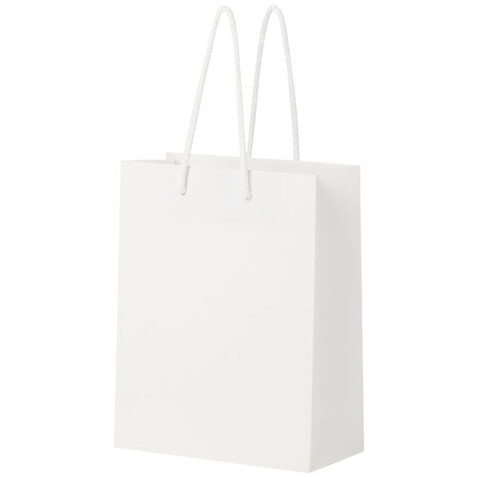 Handgefertigte 170 g/m² Integra-Papiertüte mit Kunststoff Kordelgriffen – 18 × 9 × 23 cm, weiss bedrucken, Art.-Nr. 1ZB00901