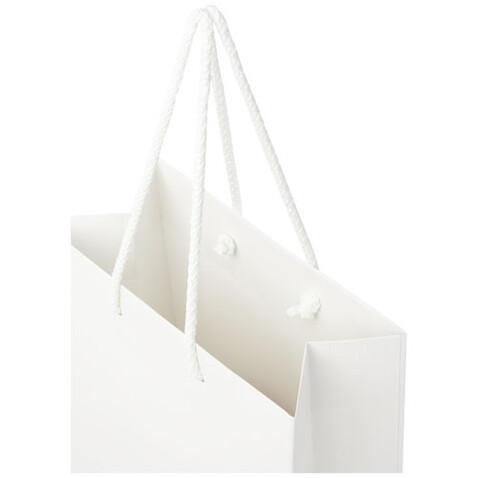 Handgefertigte 170 g/m² Integra-Papiertüte mit Kunststoff Kordelgriffen – 18 × 9 × 23 cm, weiss bedrucken, Art.-Nr. 1ZB00901