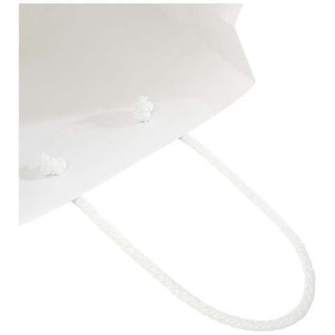 Handgefertigte 170 g/m² Integra-Papiertüte mit Kunststoff Kordelgriffen – 18 × 9 × 23 cm, weiss bedrucken, Art.-Nr. 1ZB00901