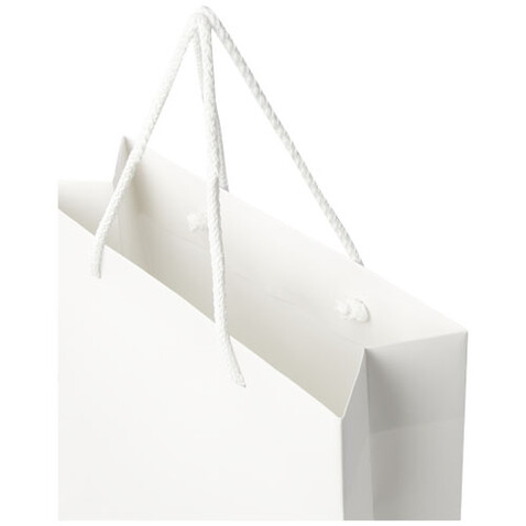 Handgefertigte 170 g/m² Integra-Papiertüte mit Kunststoff Kordelgriffen – 24 × 9 × 36 cm, weiss bedrucken, Art.-Nr. 1ZB01001