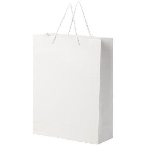 Handgefertigte 170 g/m² Integra-Papiertüte mit Kunststoff Kordelgriffen – 31 × 12 × 41 cm, weiss bedrucken, Art.-Nr. 1ZB01101