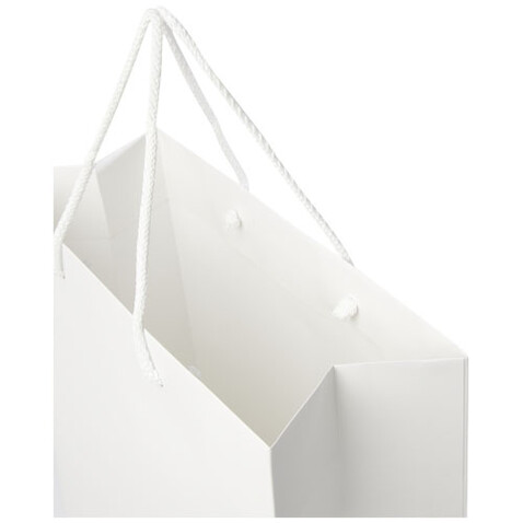 Handgefertigte 170 g/m² Integra-Papiertüte mit Kunststoff Kordelgriffen – 31 × 12 × 41 cm, weiss bedrucken, Art.-Nr. 1ZB01101