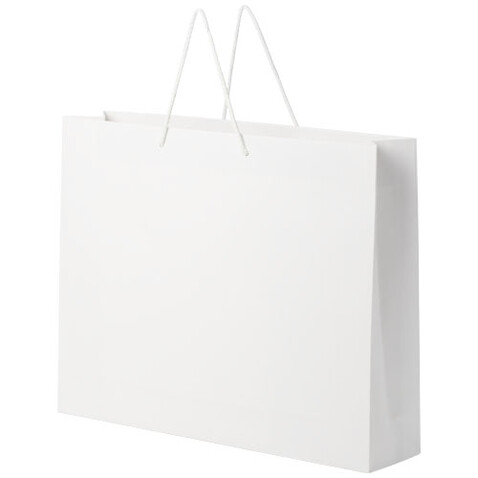 Handgefertigte 170 g/m² Integra-Papiertüte mit Kunststoff Kordelgriffen – 45 × 10 × 35 cm, weiss bedrucken, Art.-Nr. 1ZB01201