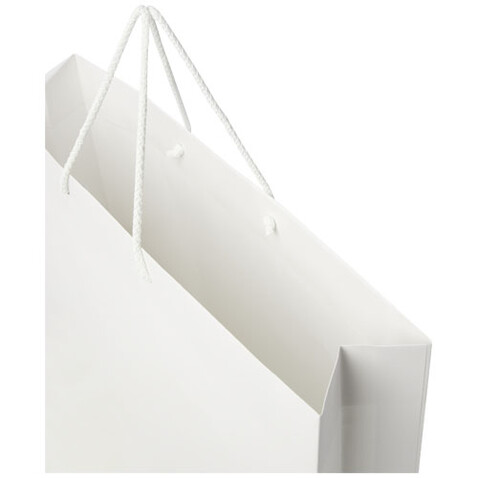 Handgefertigte 170 g/m² Integra-Papiertüte mit Kunststoff Kordelgriffen – 45 × 10 × 35 cm, weiss bedrucken, Art.-Nr. 1ZB01201