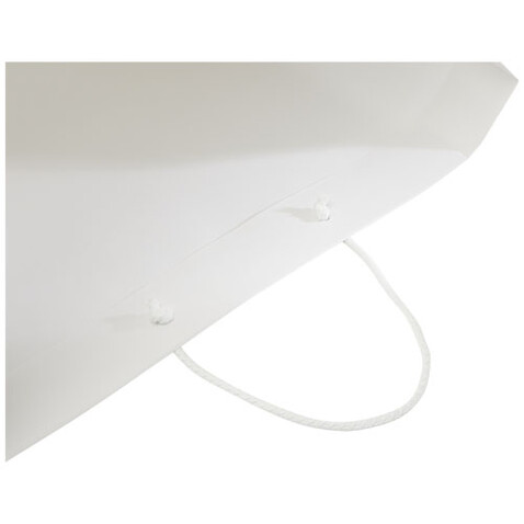 Handgefertigte 170 g/m² Integra-Papiertüte mit Kunststoff Kordelgriffen – 45 × 10 × 35 cm, weiss bedrucken, Art.-Nr. 1ZB01201