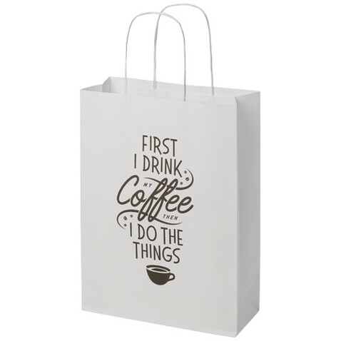 Kraftpapiertasche 120 g/m² mit gedrehten Griffen – 24 × 9 × 32 cm, weiss bedrucken, Art.-Nr. 1ZM00701