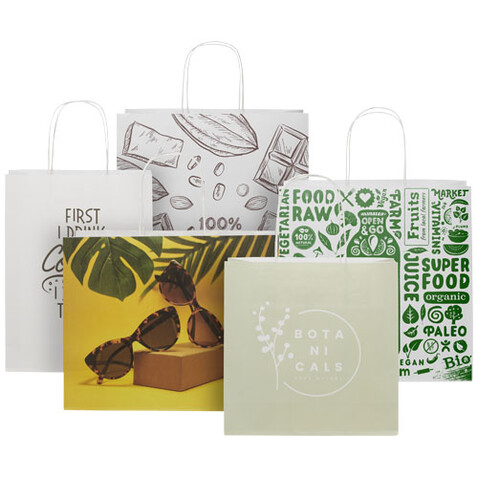 Kraftpapiertasche 120 g/m² mit gedrehten Griffen – 24 × 9 × 32 cm, weiss bedrucken, Art.-Nr. 1ZM00701