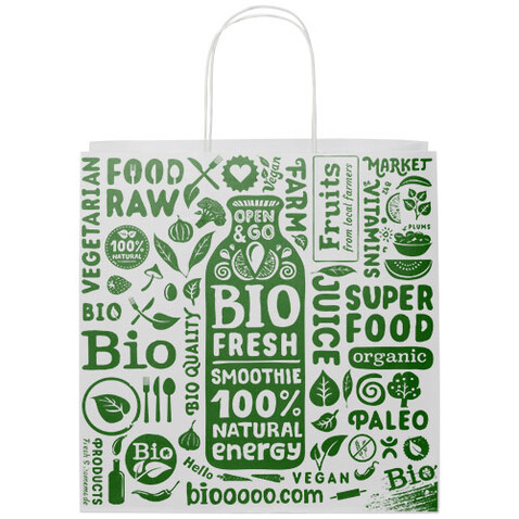 Kraftpapiertasche 120 g/m² mit gedrehten Griffen – 31 × 12 × 31 cm, weiss bedrucken, Art.-Nr. 1ZM00901