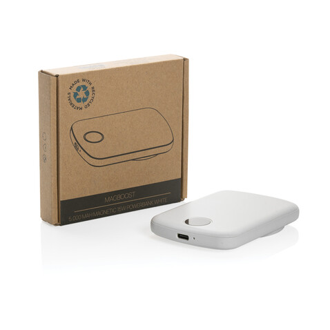 MagBoost 5.000mAh magnetische Powerbank aus RCS rec. Plastik weiß bedrucken, Art.-Nr. P322.413