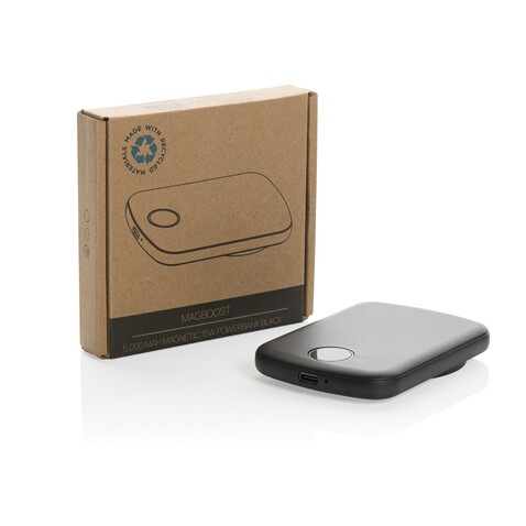 MagBoost 5.000mAh magnetische Powerbank aus RCS rec. Plastik schwarz bedrucken, Art.-Nr. P322.411