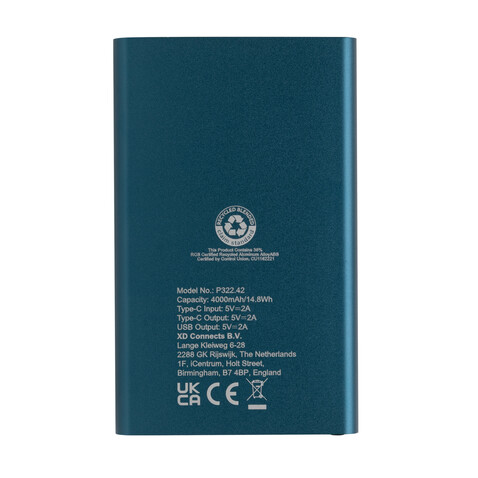 4.000mAh Type-C Powerbank aus RCS recyeltem ABS &amp; Aluminium blau bedrucken, Art.-Nr. P322.425