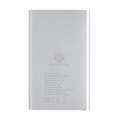 4.000mAh Type-C Powerbank aus RCS recyeltem ABS &amp; Aluminium silber bedrucken, Art.-Nr. P322.422