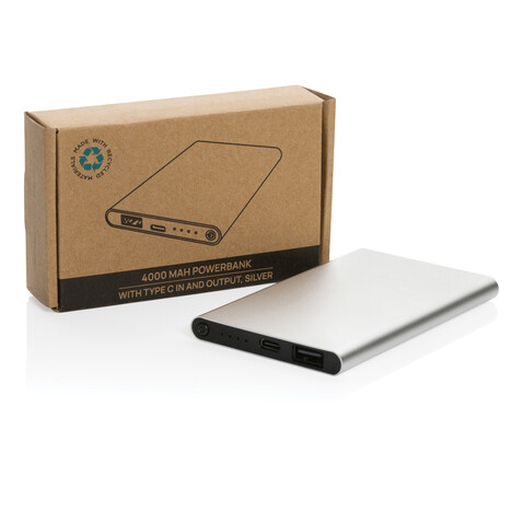 4.000mAh Type-C Powerbank aus RCS recyeltem ABS &amp; Aluminium silber bedrucken, Art.-Nr. P322.422