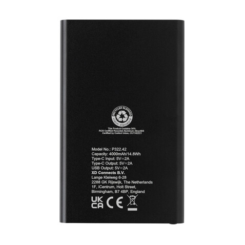 4.000mAh Type-C Powerbank aus RCS recyeltem ABS &amp; Aluminium schwarz bedrucken, Art.-Nr. P322.421