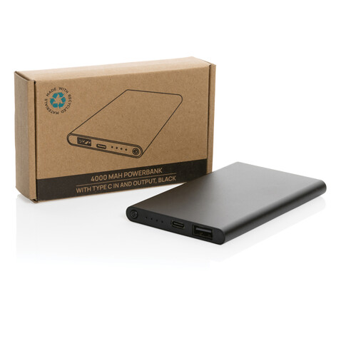 4.000mAh Type-C Powerbank aus RCS recyeltem ABS &amp; Aluminium schwarz bedrucken, Art.-Nr. P322.421