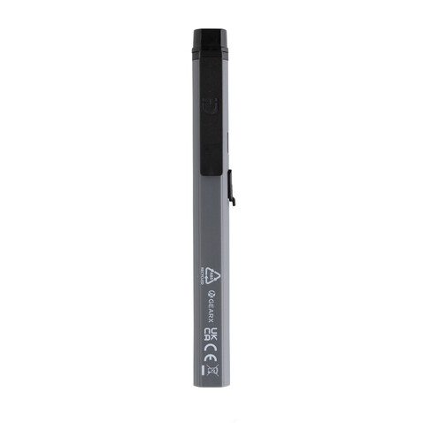 Gear X USB aufladbare Stiftleuchte aus RCS recyc. Kunststoff grau, schwarz bedrucken, Art.-Nr. P513.262