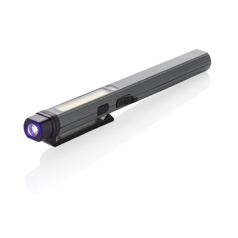 Gear X USB aufladbare Stiftleuchte aus RCS recyc. Kunststoff grau, schwarz bedrucken, Art.-Nr. P513.262