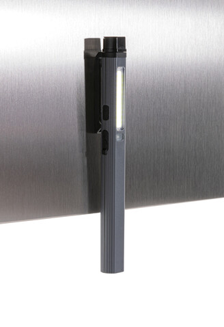 Gear X USB aufladbare Stiftleuchte aus RCS recyc. Kunststoff grau, schwarz bedrucken, Art.-Nr. P513.262